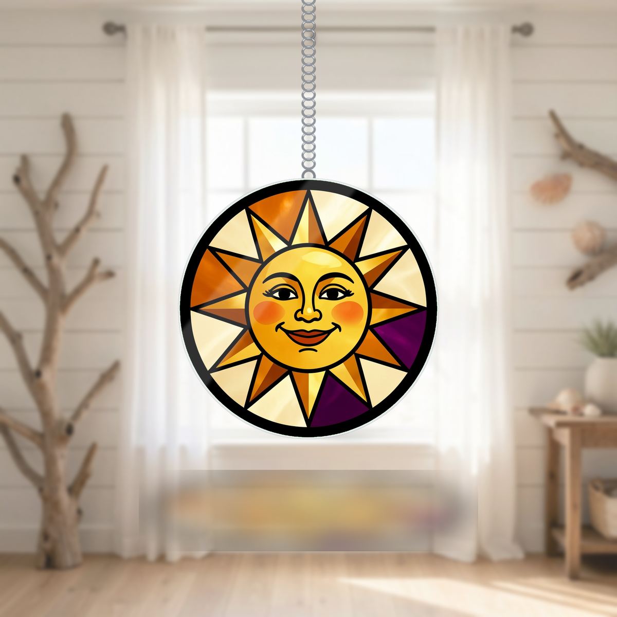 Radiant Sun Face Circle Wavy Acrylic Suncatcher Ornament