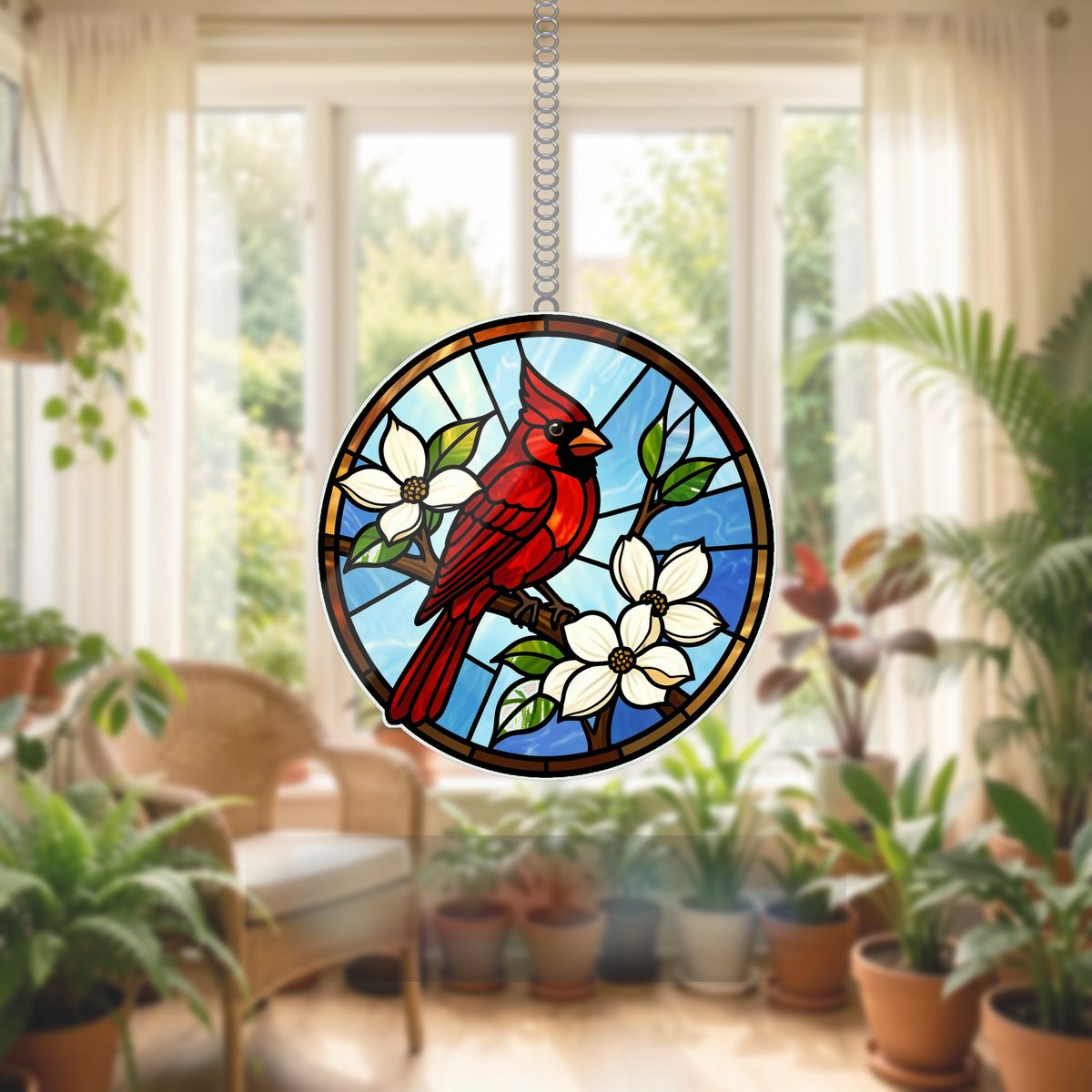 Cardinal Dogwood Circle Wavy Acrylic Suncatcher Ornament