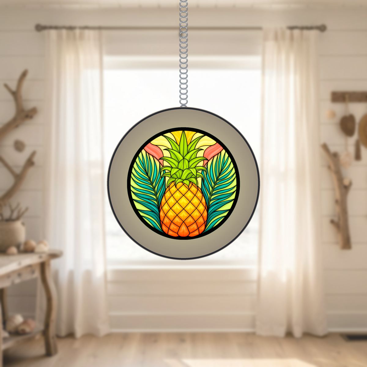 Pineapple Palm Leaf Circle Stained Glass Suncatcher