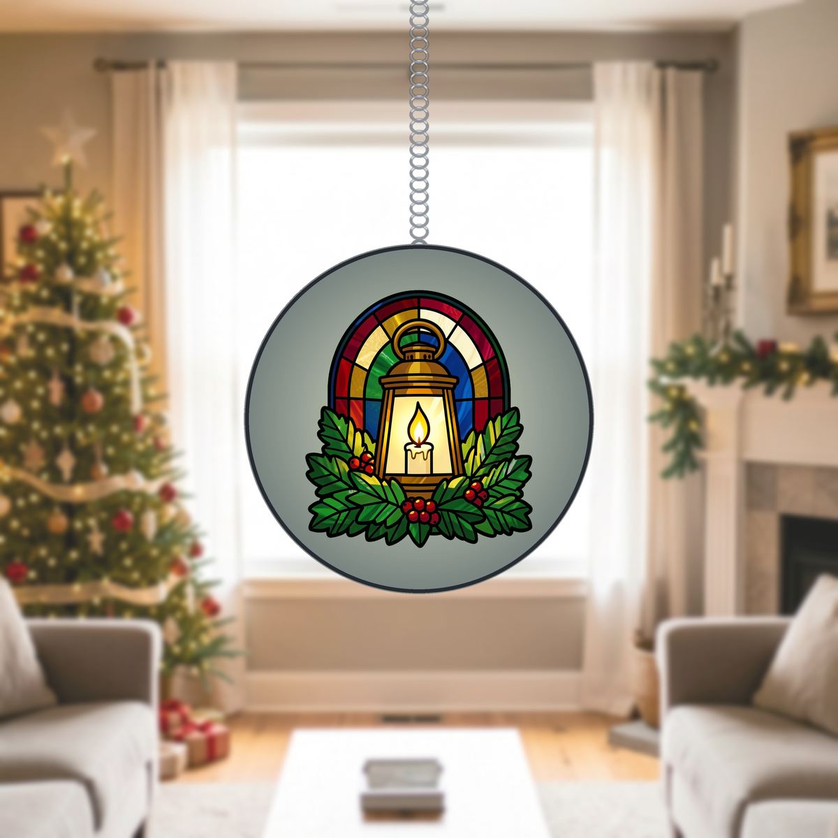 Holiday Lantern Evergreen Arch Stained Glass Suncatcher