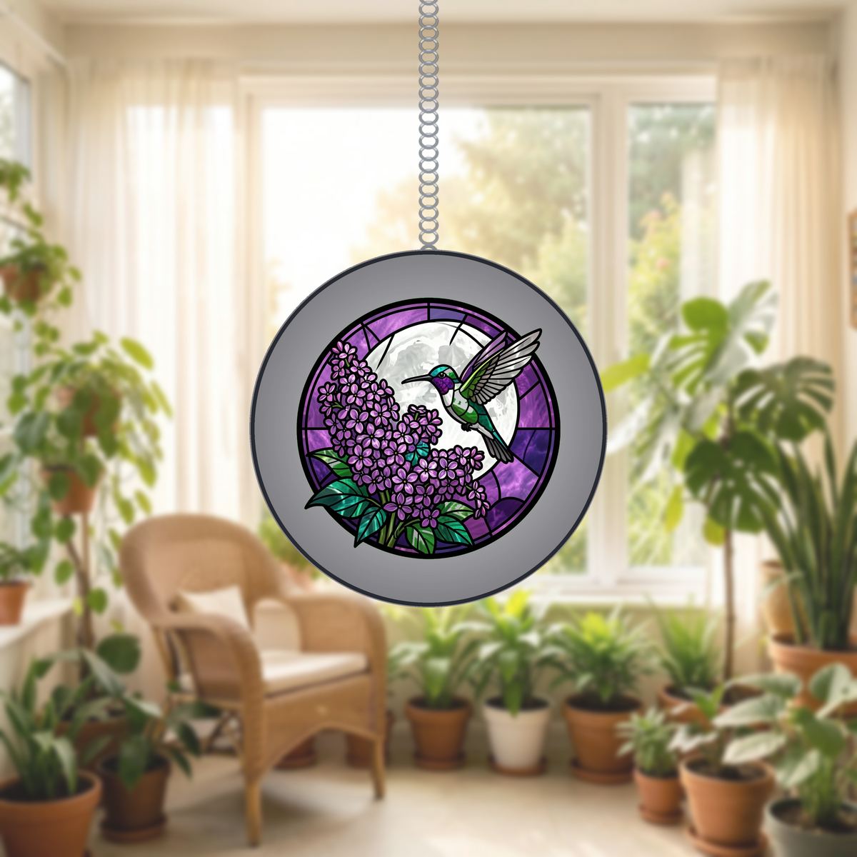 Hummingbird Lilac Moon Circle Stained Glass Suncatcher