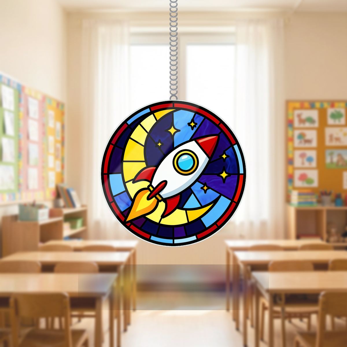 Rocket Ship Stars Circle Wavy Acrylic Suncatcher Ornament