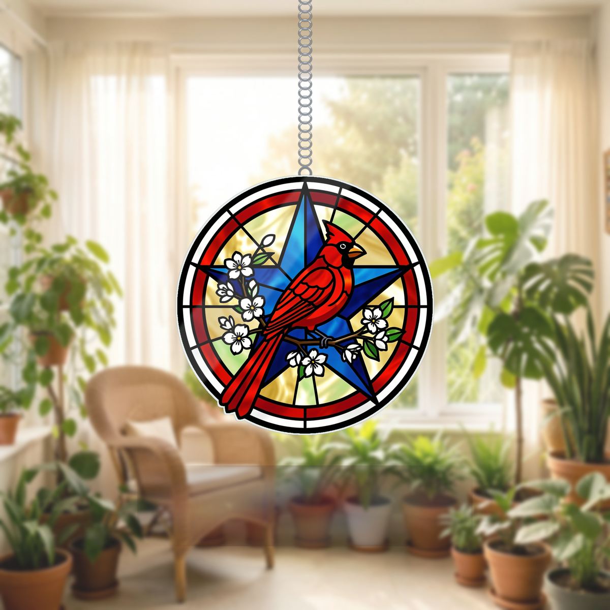 Patriotic Cardinal Star Circle Wavy Acrylic Suncatcher Ornament