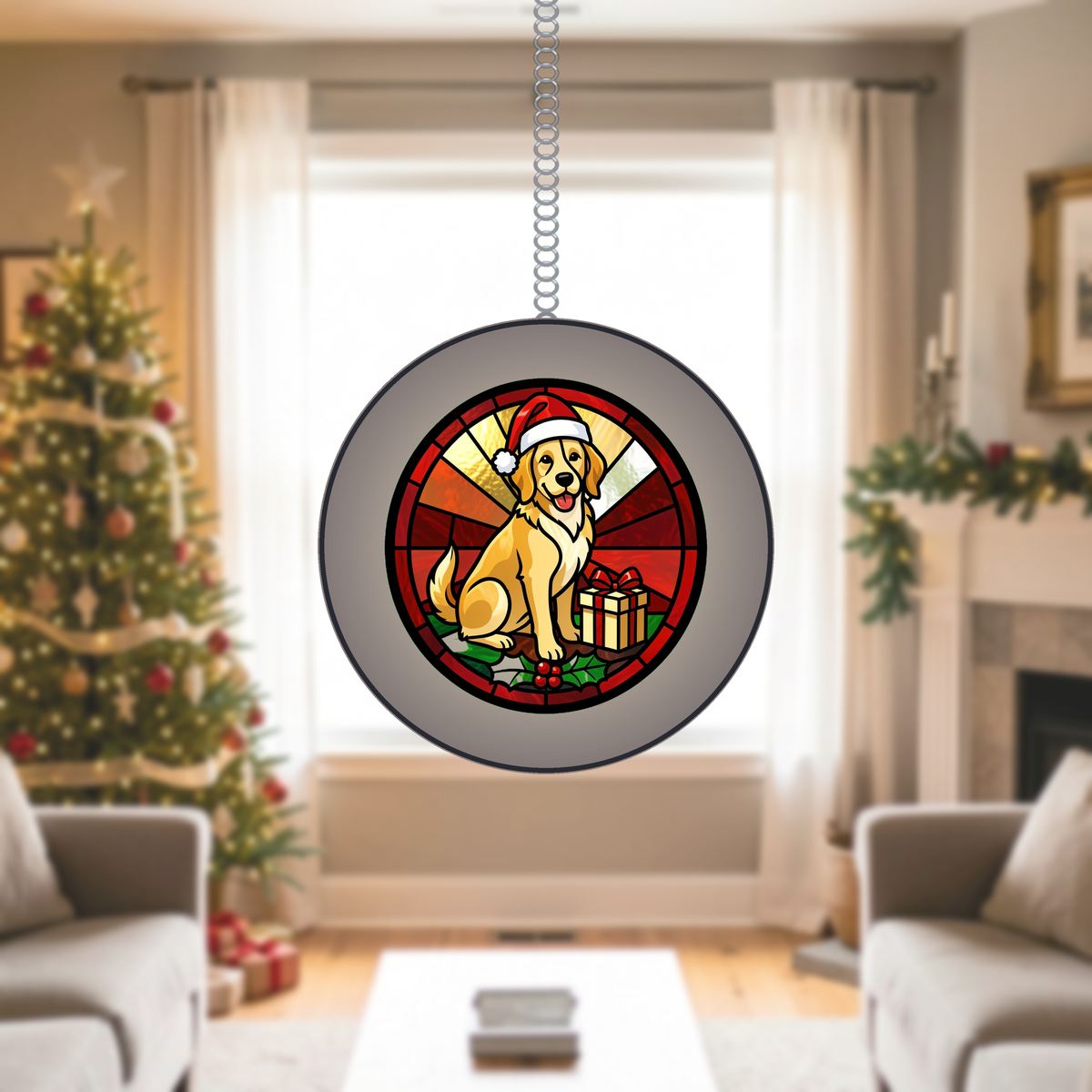 Christmas Dog Santa Hat Circle Stained Glass Suncatcher