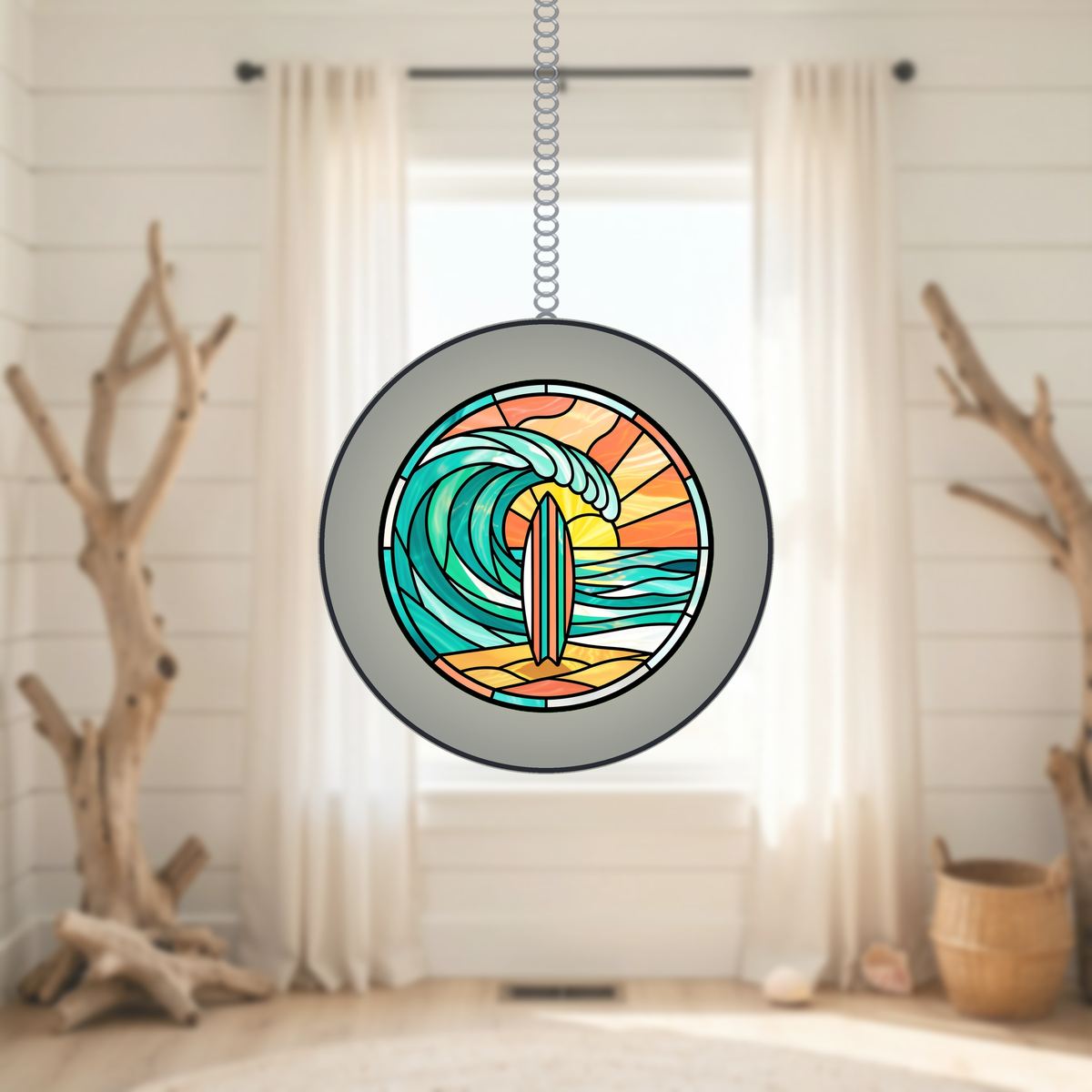 Surfboard Wave Circle Stained Glass Suncatcher