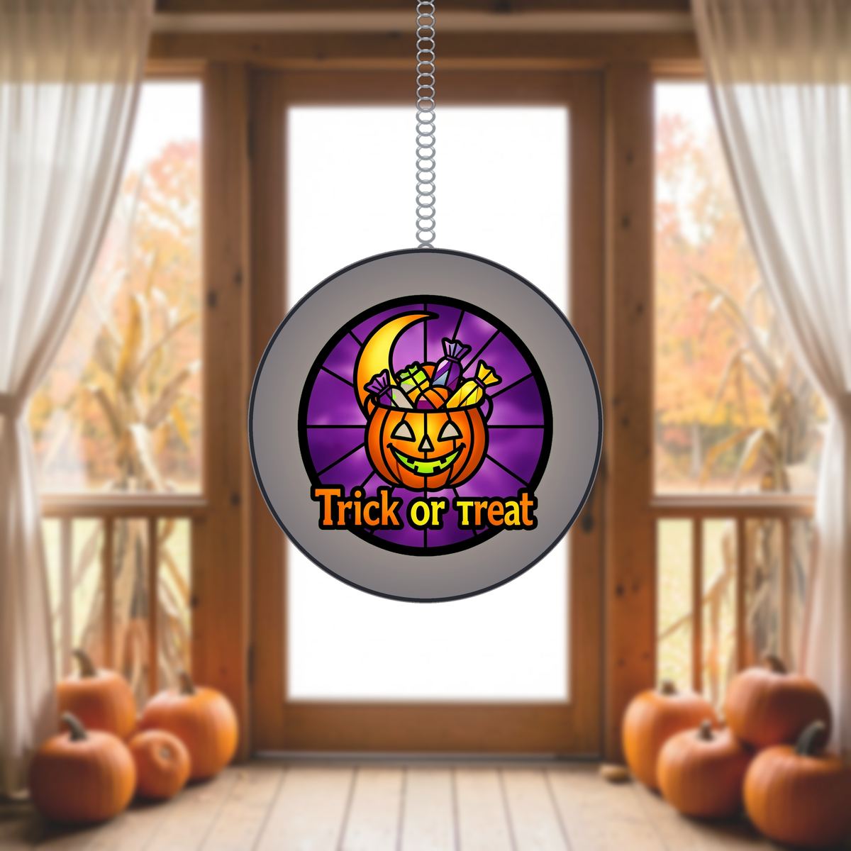 Trick Or Treat Pail Circle Stained Glass Suncatcher
