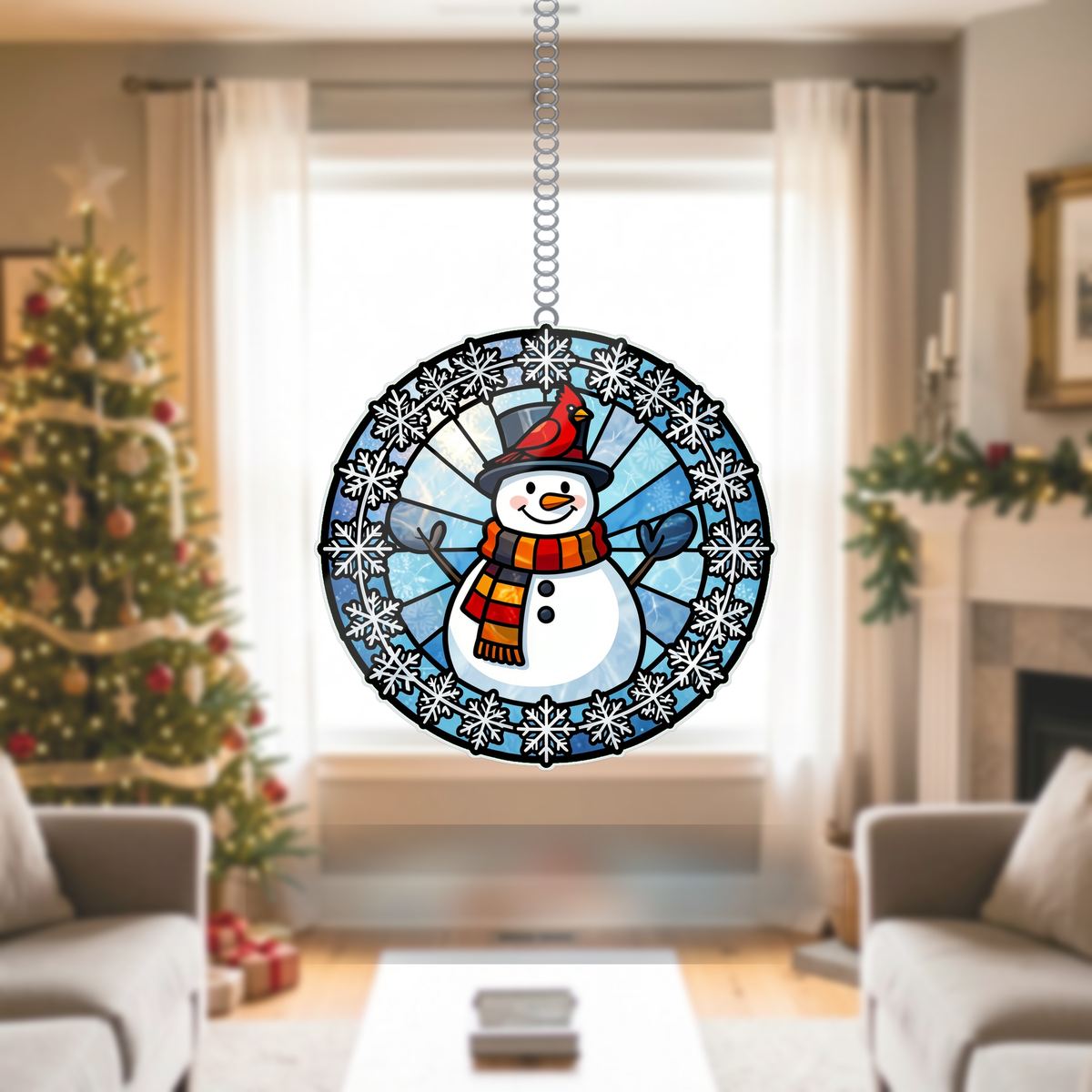 Snowman Cardinal Circle Wavy Acrylic Suncatcher Ornament