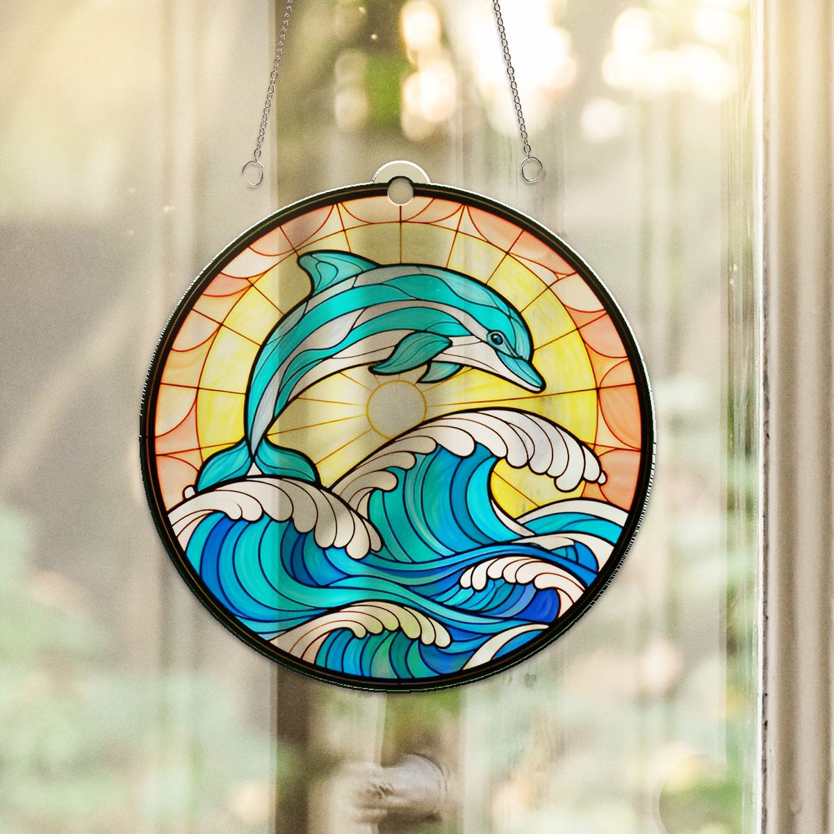 Dolphin Wave Circle Acrylic Suncatcher