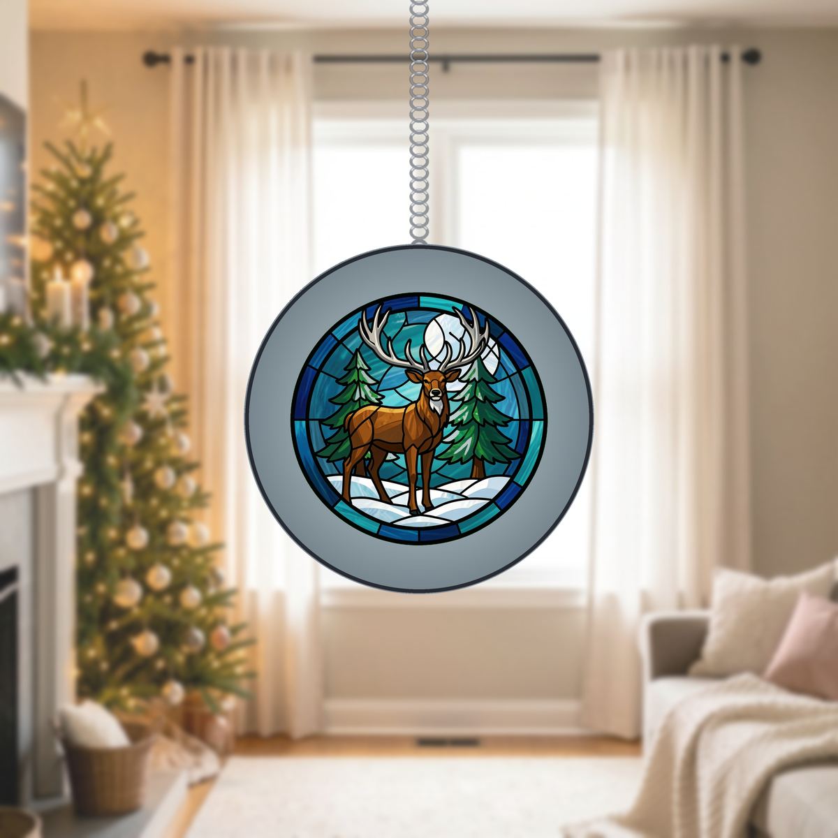 Winter Stag Evergreen Circle Stained Glass Suncatcher
