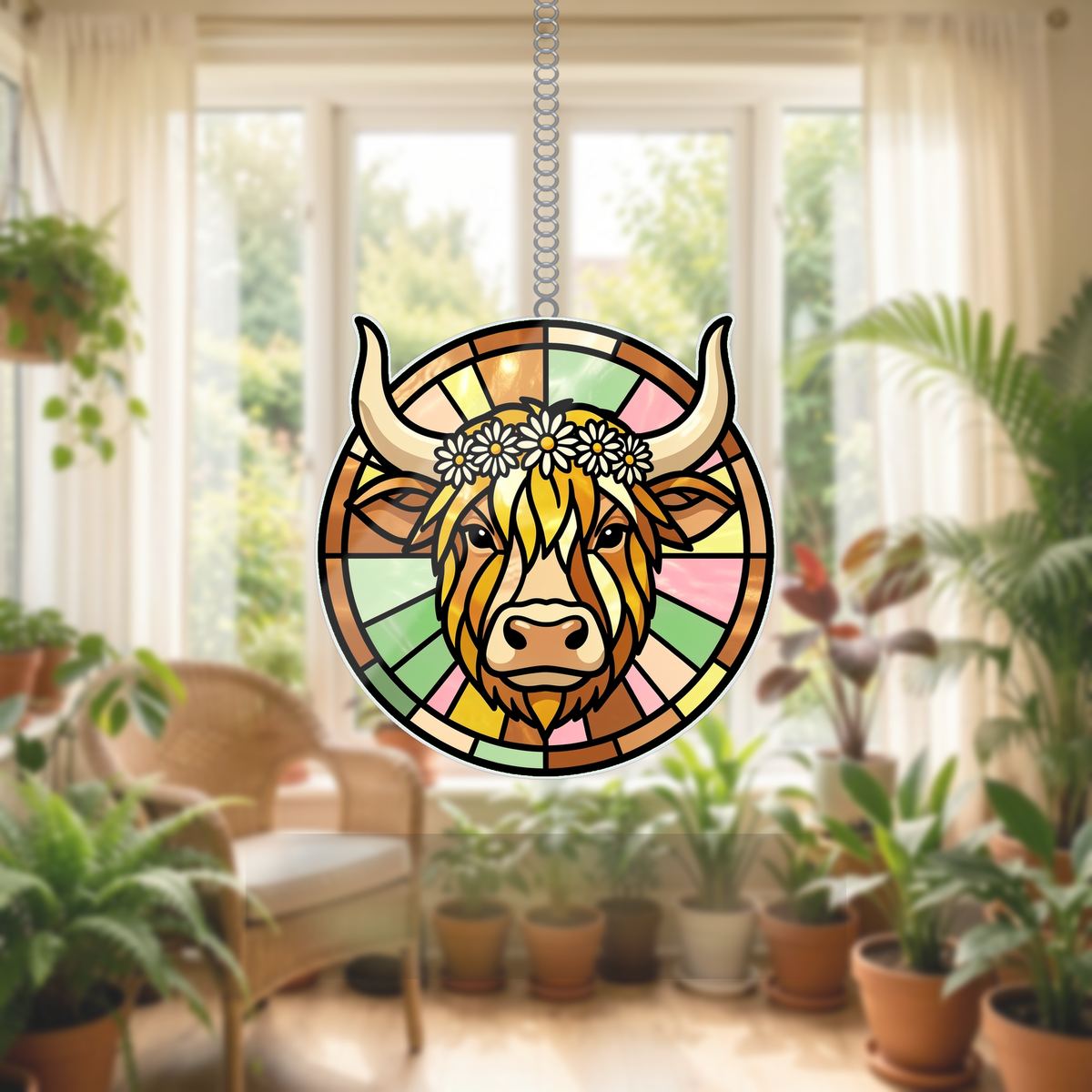 Highland Cow Wildflower Circle Wavy Acrylic Suncatcher Ornament