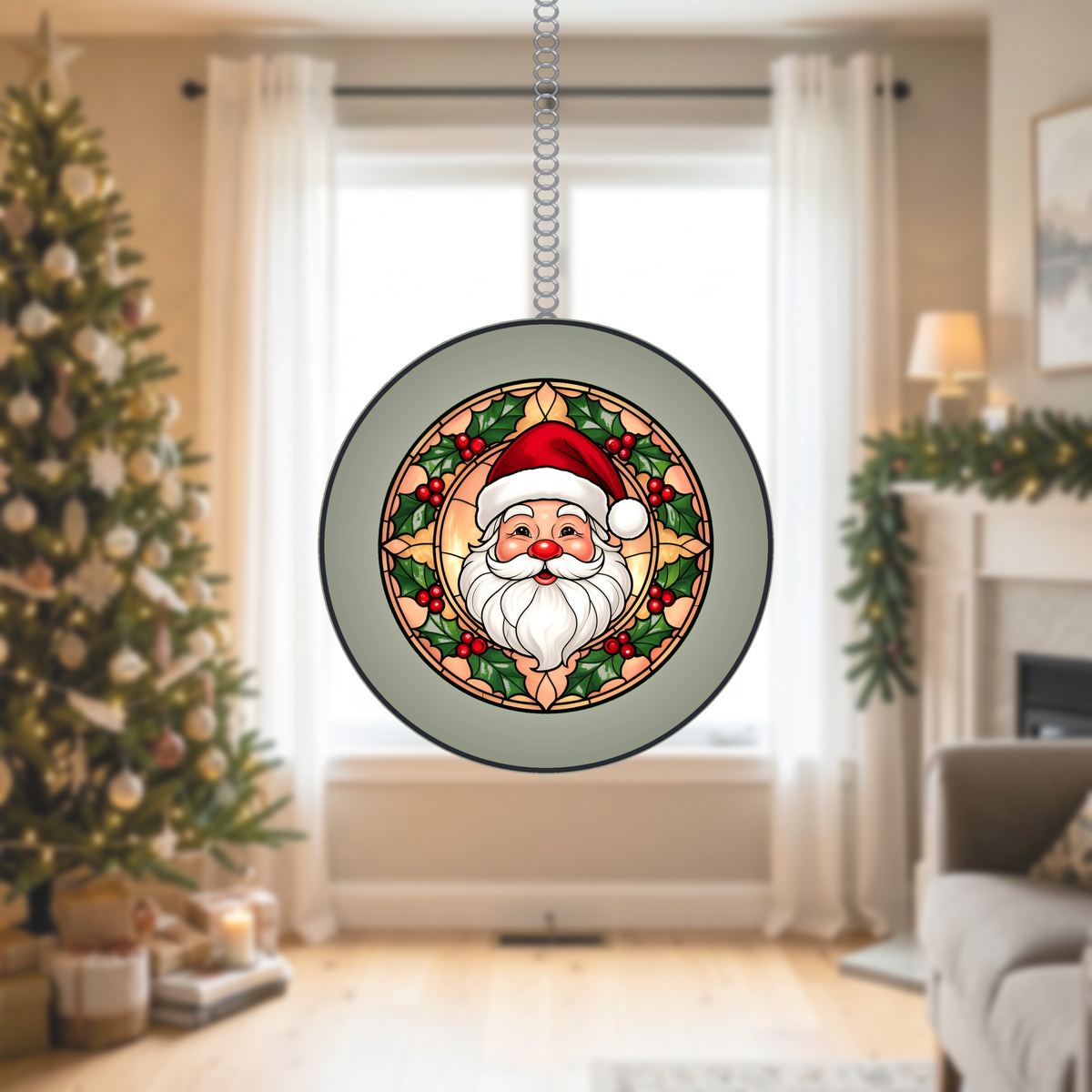 Santa Face Holly Circle Stained Glass Suncatcher