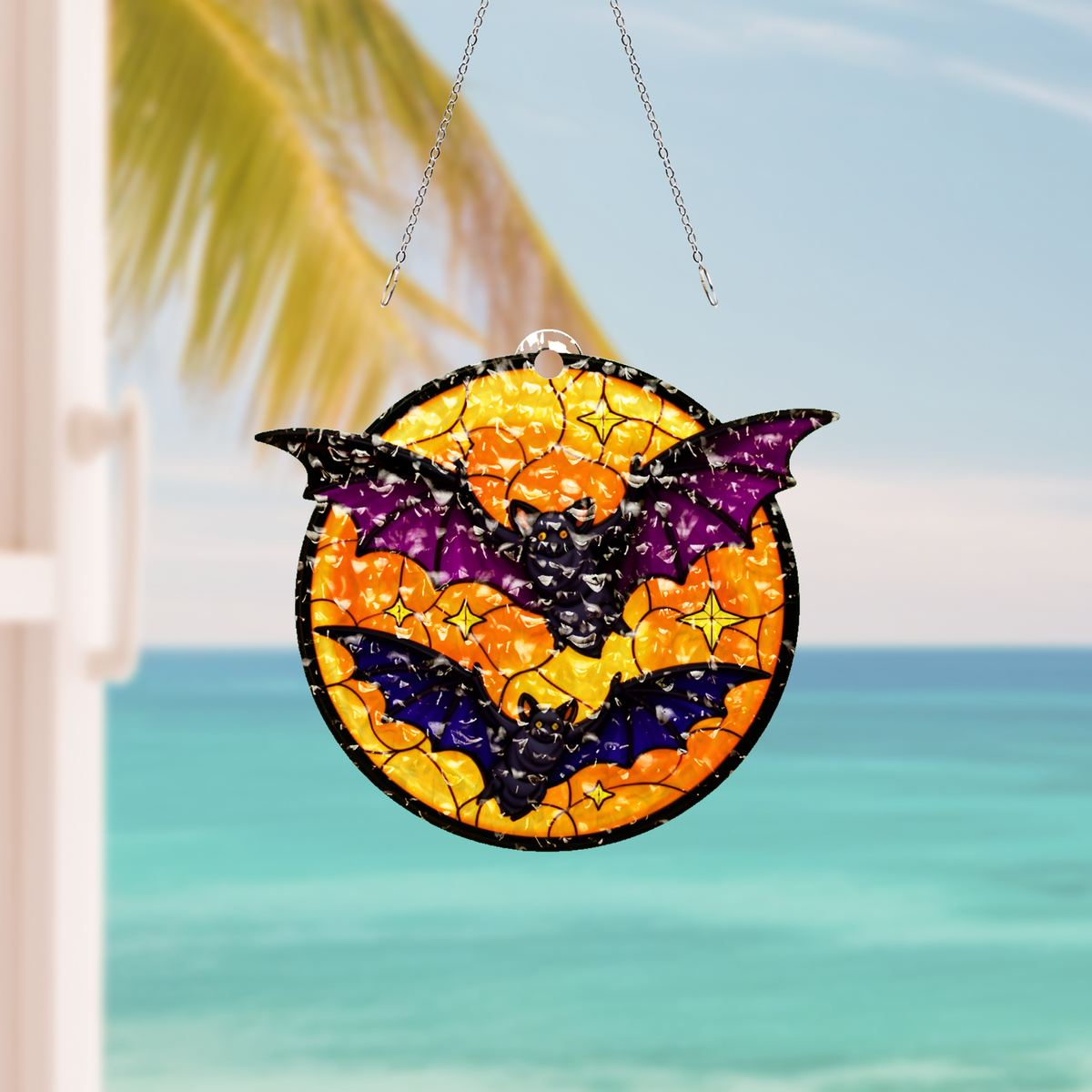 Bats Over Orange Moon Water Ripple Suncatcher