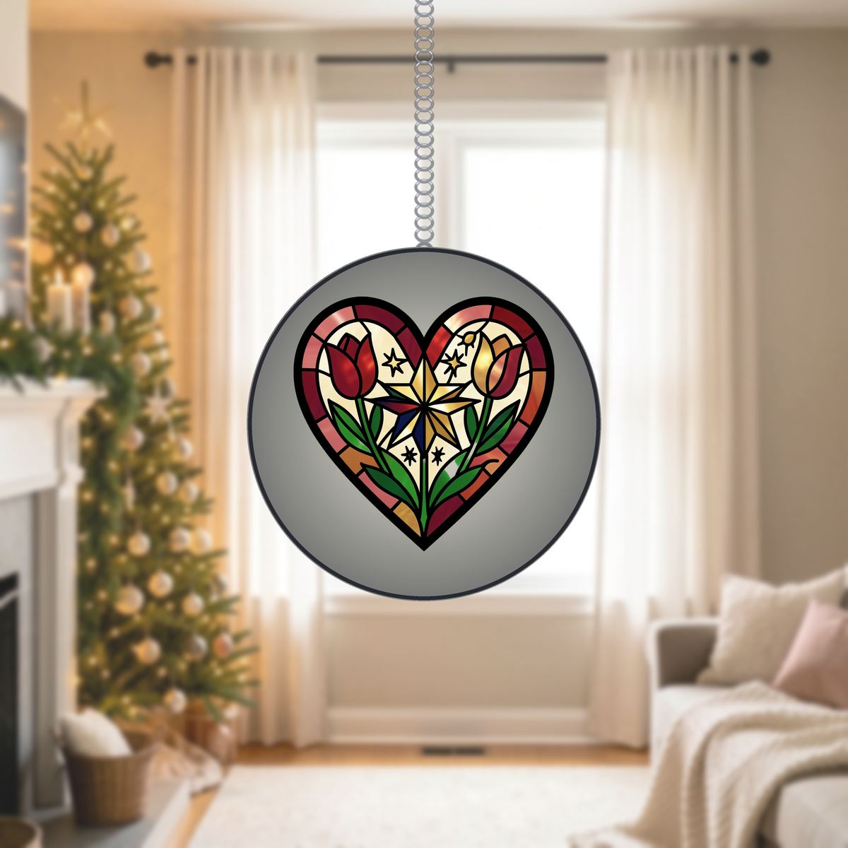 Nordic Folk Heart Wreath Stained Glass Suncatcher