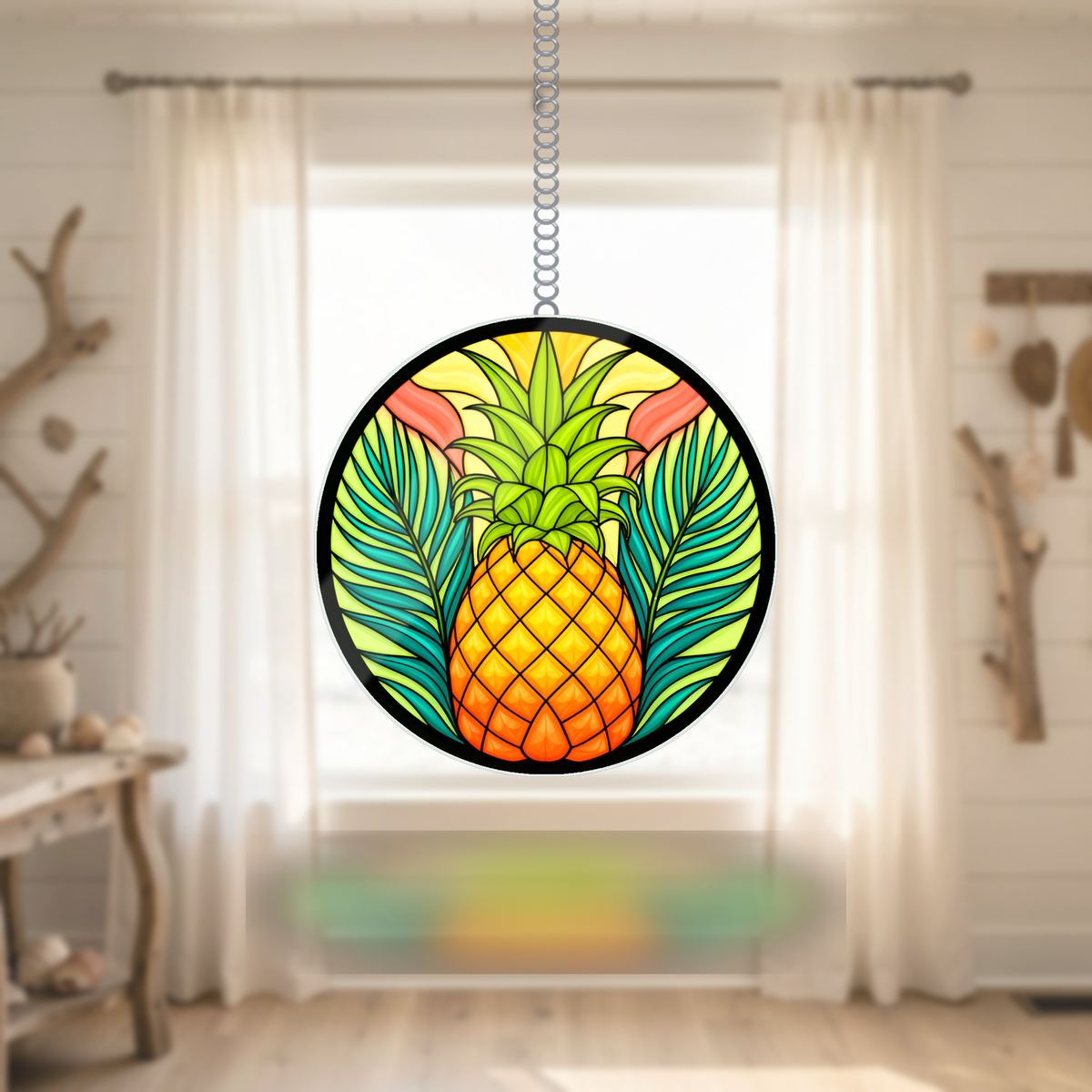 Pineapple Palm Leaf Circle Wavy Acrylic Suncatcher Ornament