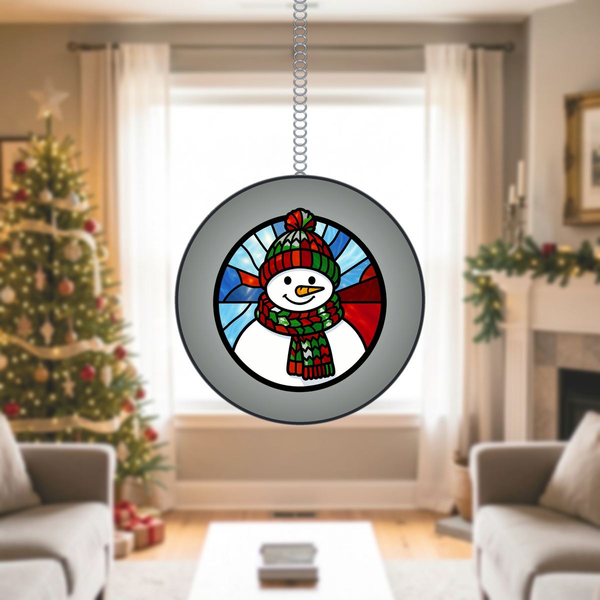 Snowman Scarf Circle Stained Glass Suncatcher