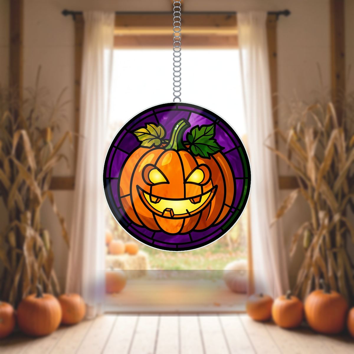 Jack O Lantern Grin Circle Wavy Acrylic Suncatcher Ornament
