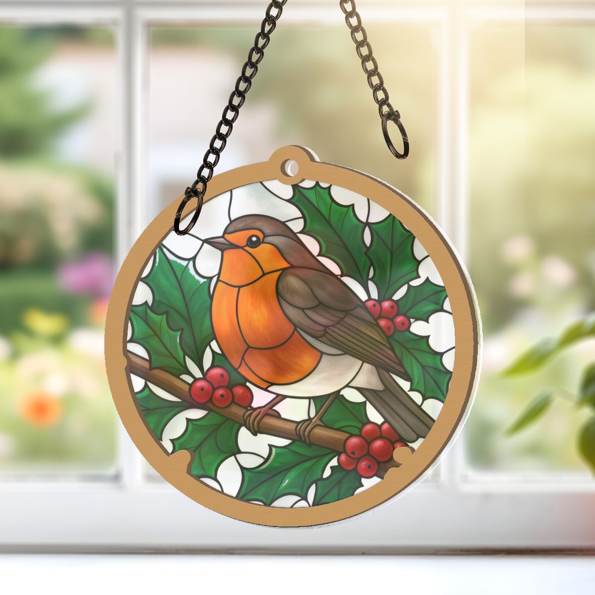 Winter Robin Berry Branch Window Hanging Suncatcher