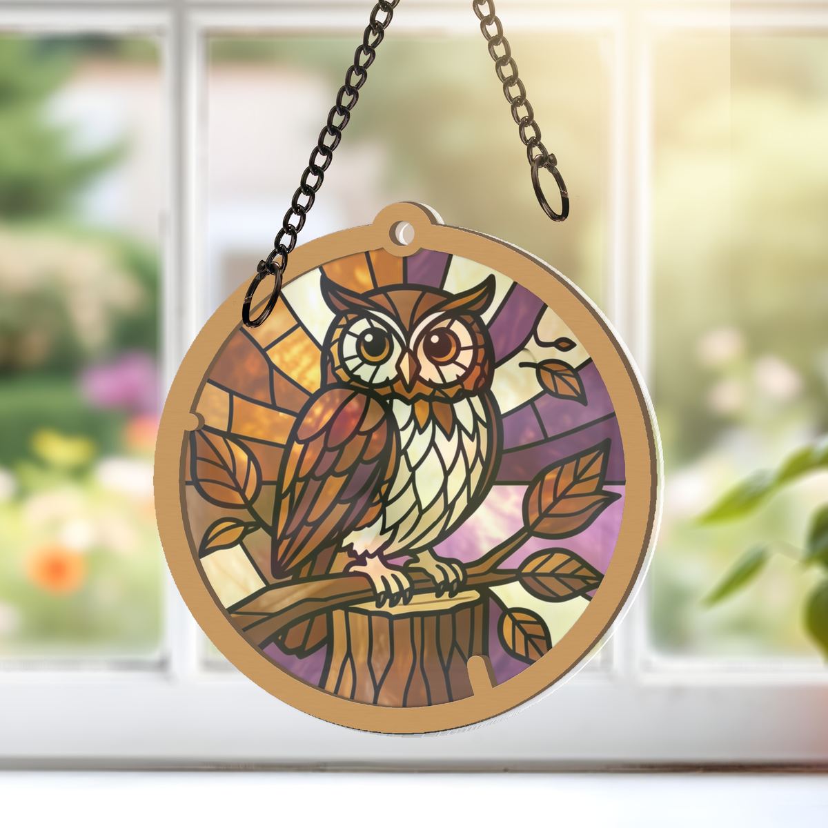 Autumn Owl Circle Window Hanging Suncatcher