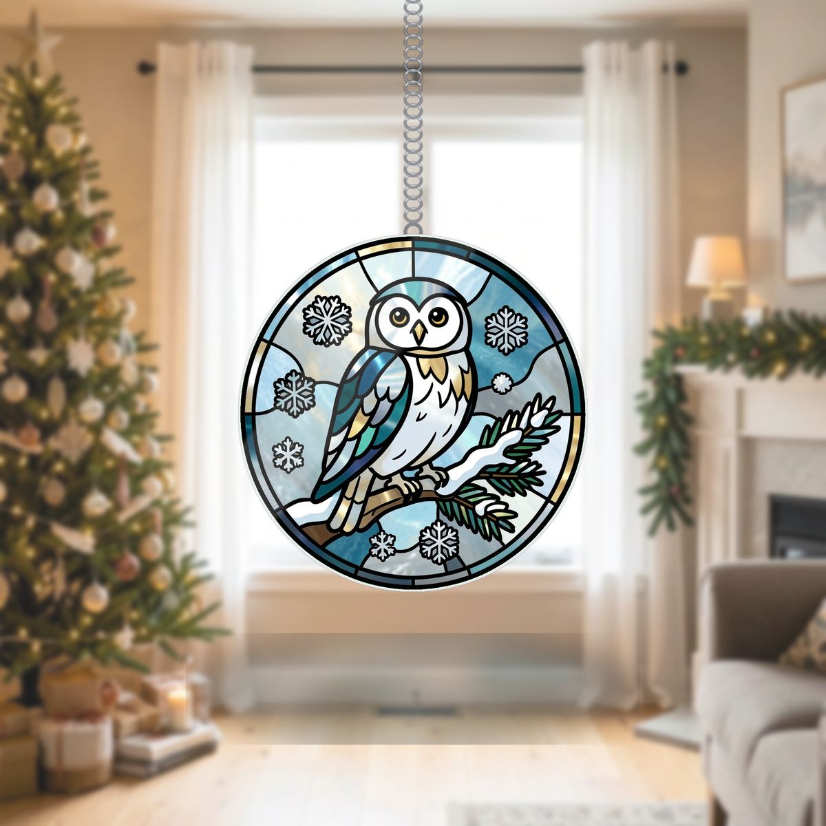 Snowy Owl Pine Circle Wavy Acrylic Suncatcher Ornament