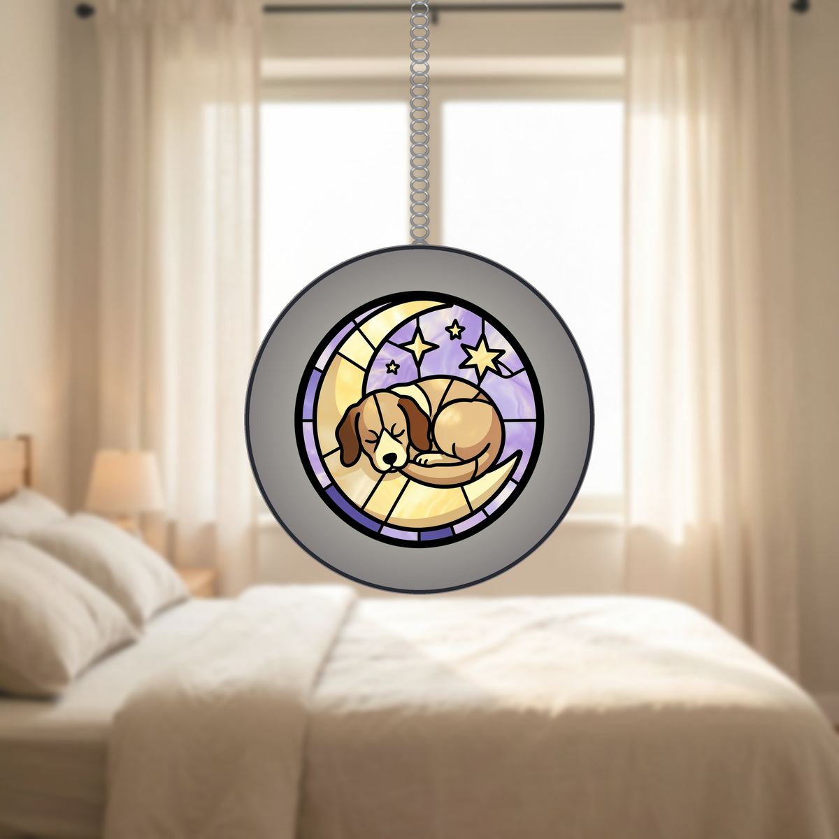 Sleeping Puppy Moon Circle Stained Glass Suncatcher