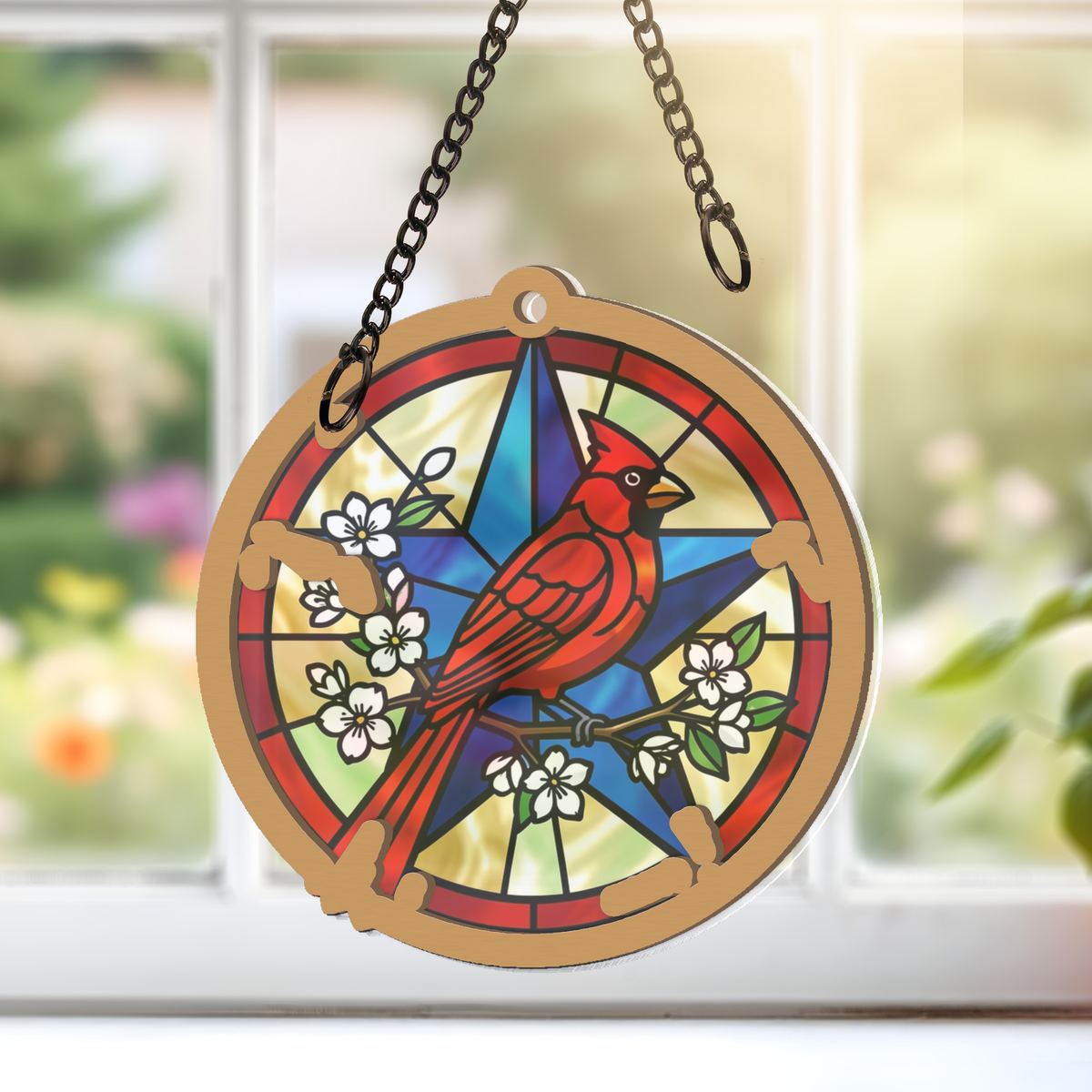 Patriotic Cardinal Star Circle Window Hanging Suncatcher