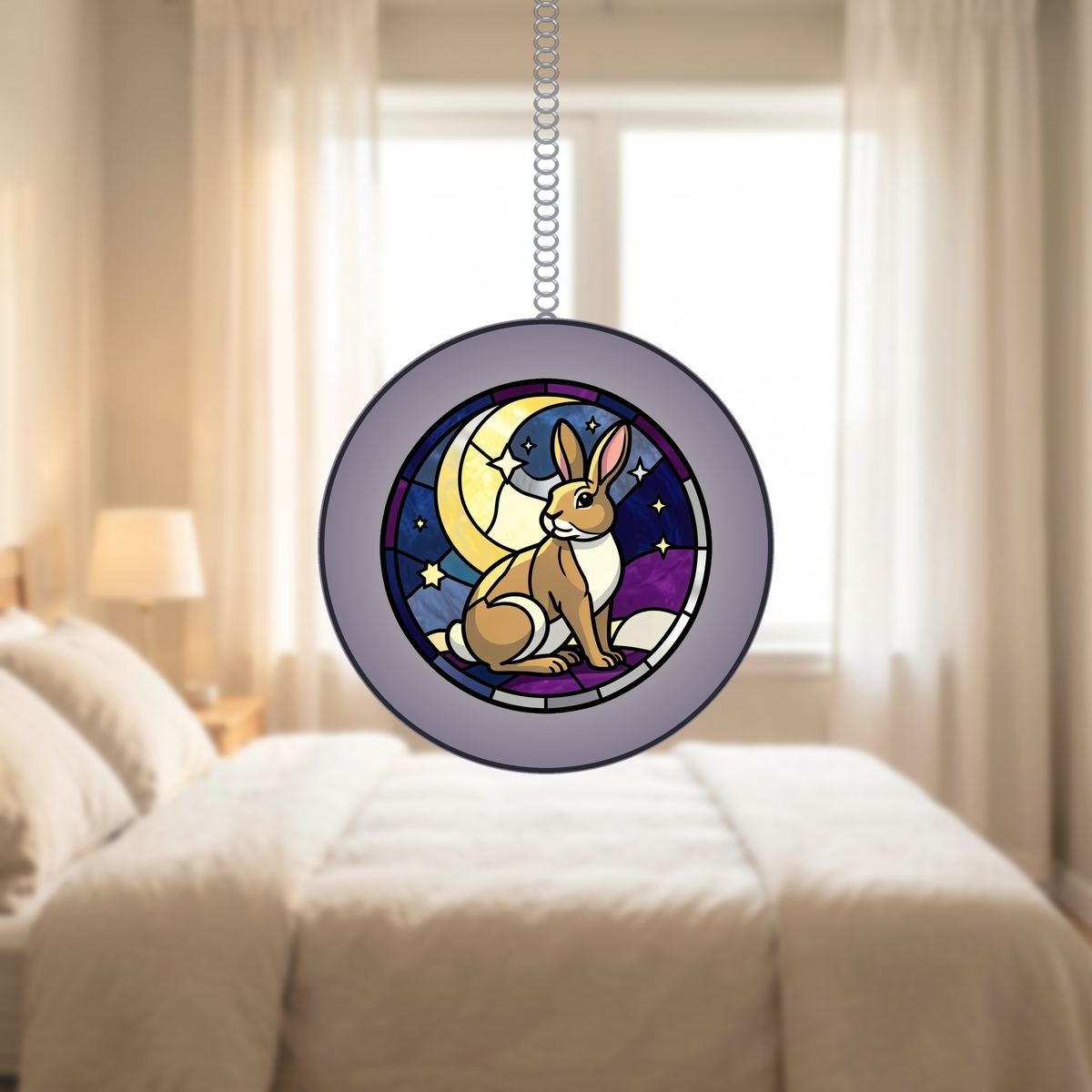 Moon Gazing Hare Circle Stained Glass Suncatcher