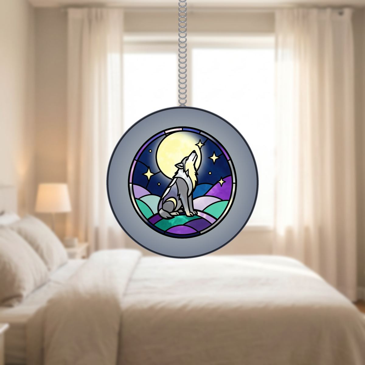 Howling Wolf Moon Circle Stained Glass Suncatcher