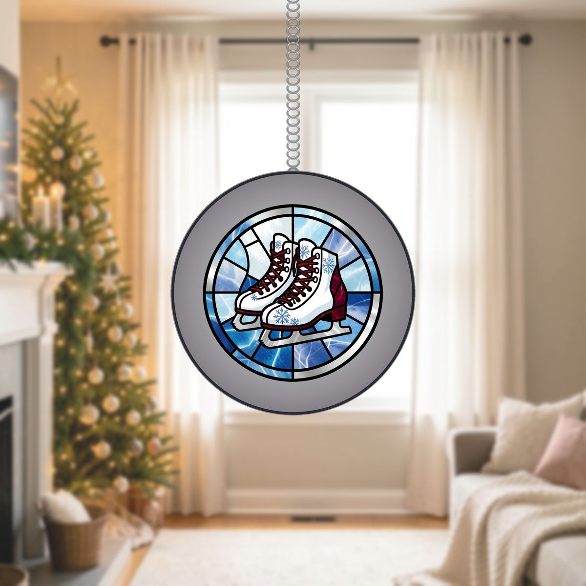 Ice Skates Snowflake Circle Stained Glass Suncatcher
