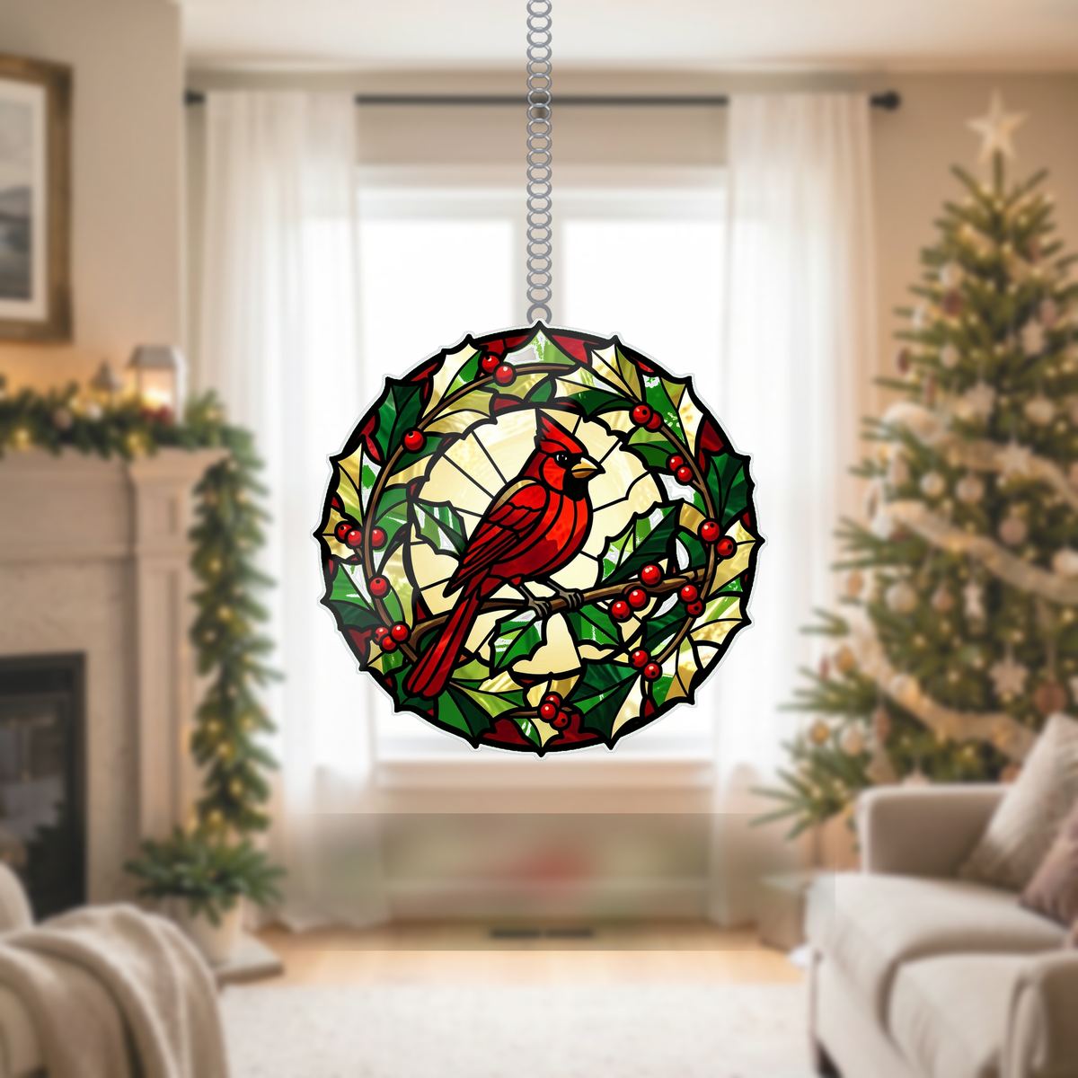 Cardinal Holly Wreath Circle Wavy Acrylic Suncatcher Ornament
