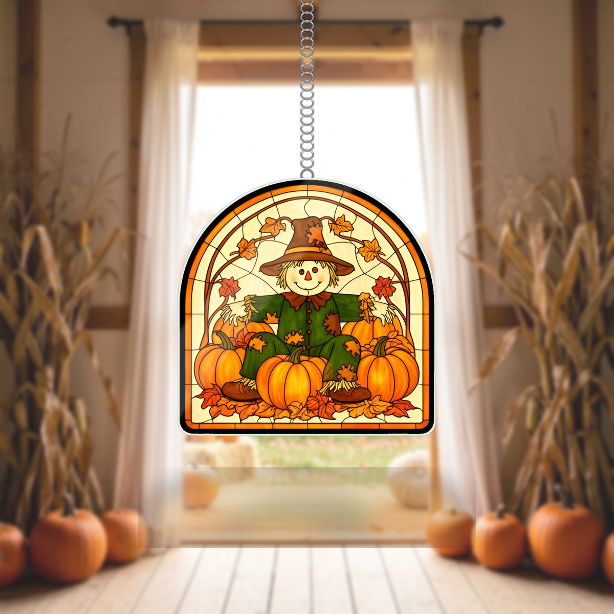 Scarecrow Pumpkin Patch Arch Wavy Acrylic Suncatcher Ornament