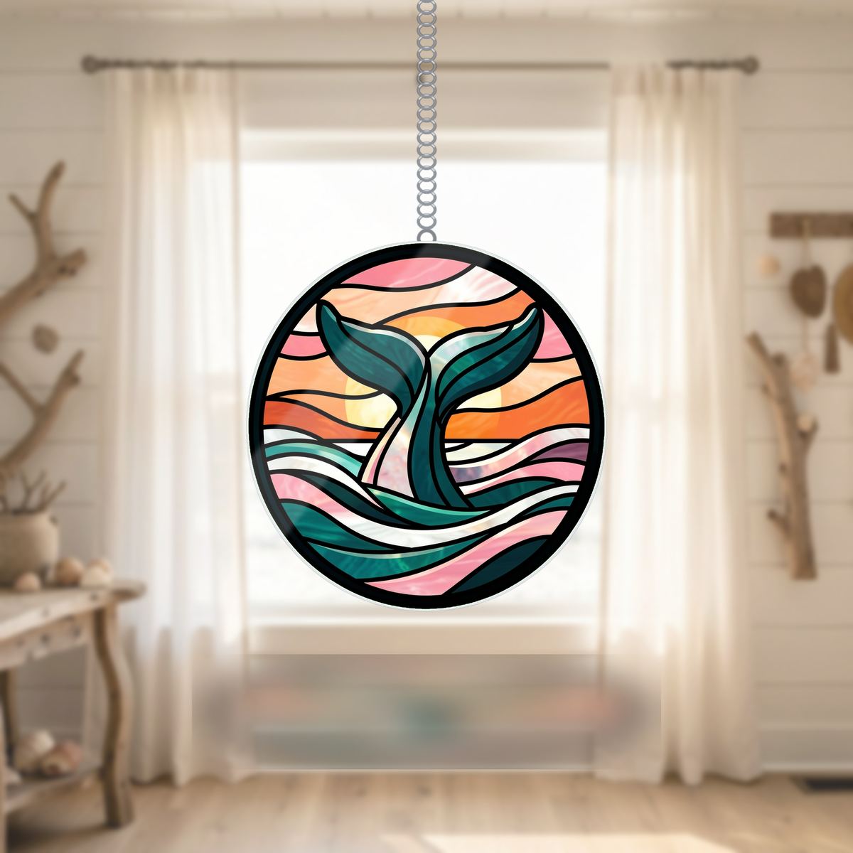 Humpback Whale Tail Circle Wavy Acrylic Suncatcher Ornament
