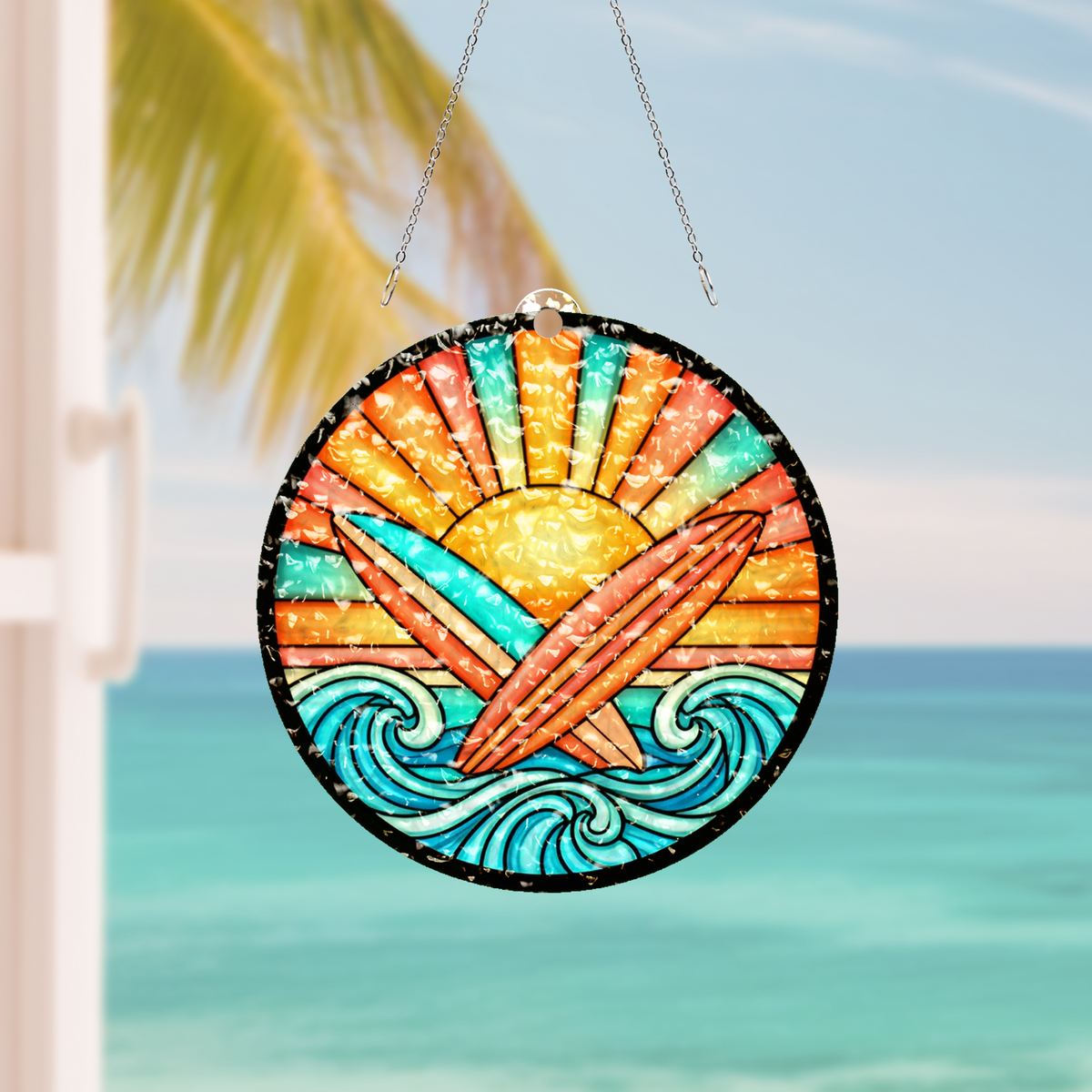 Surfboard Sunset Circle Water Ripple Suncatcher