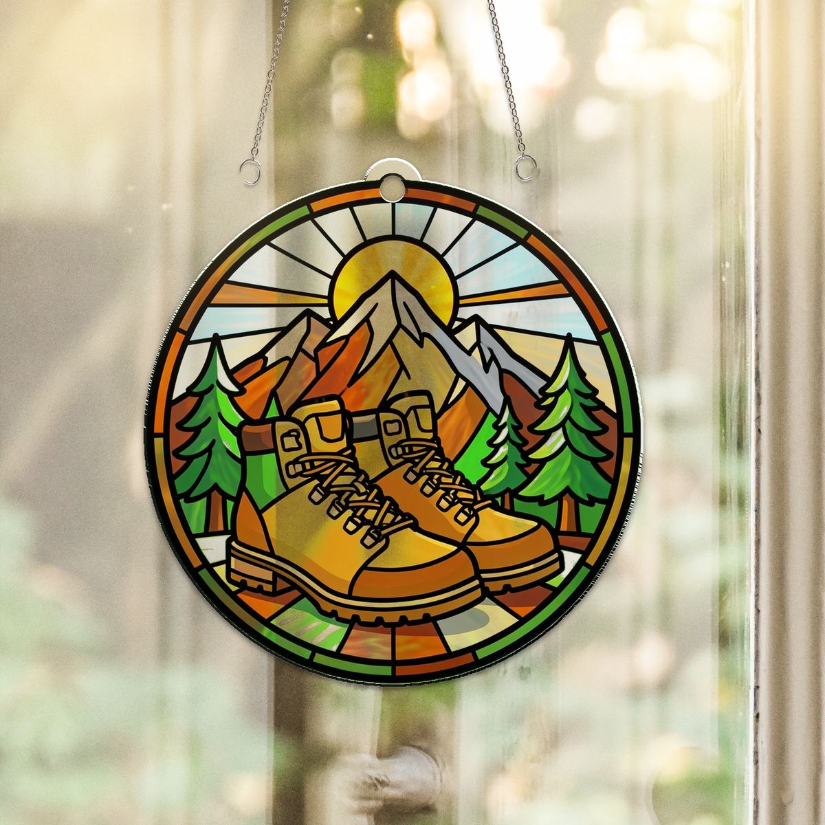 Hiking Boots Mountain Circle Acrylic Suncatcher