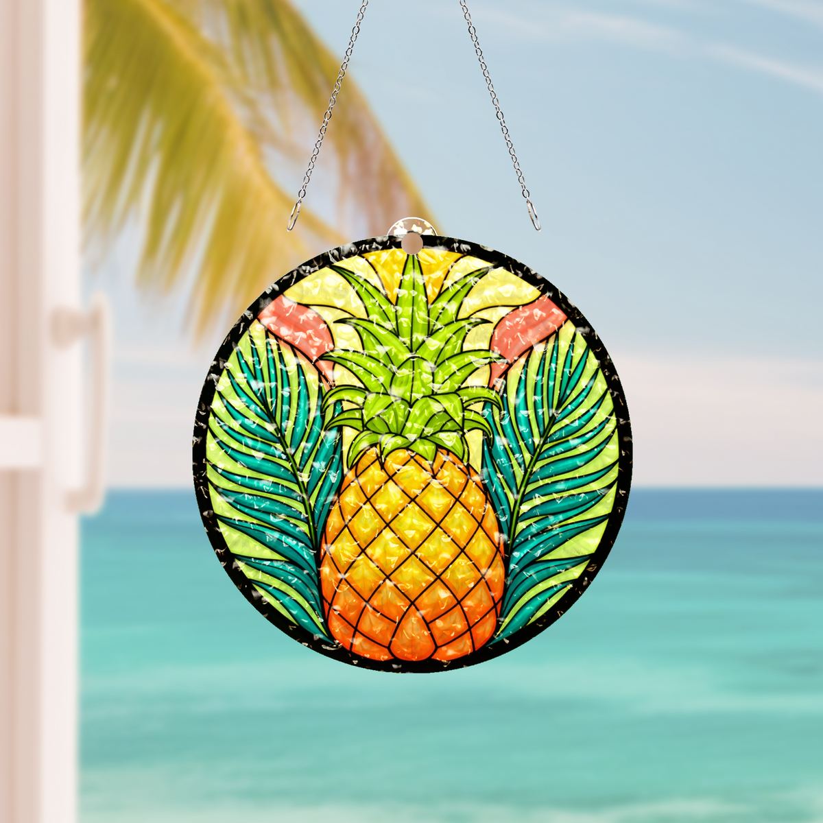 Pineapple Palm Leaf Circle Water Ripple Suncatcher