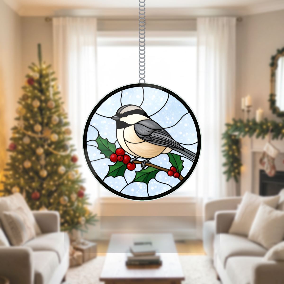 Holly Berry Chickadee Circle Wavy Acrylic Suncatcher Ornament