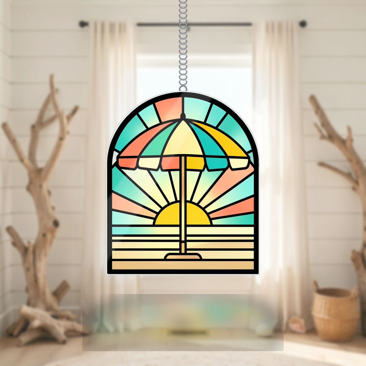 Beach Umbrella Sunset Wavy Acrylic Suncatcher Ornament