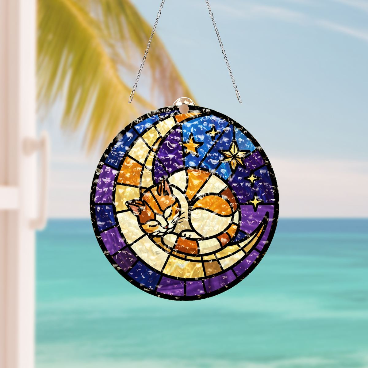 Sleeping Cat Crescent Window Water Ripple Suncatcher