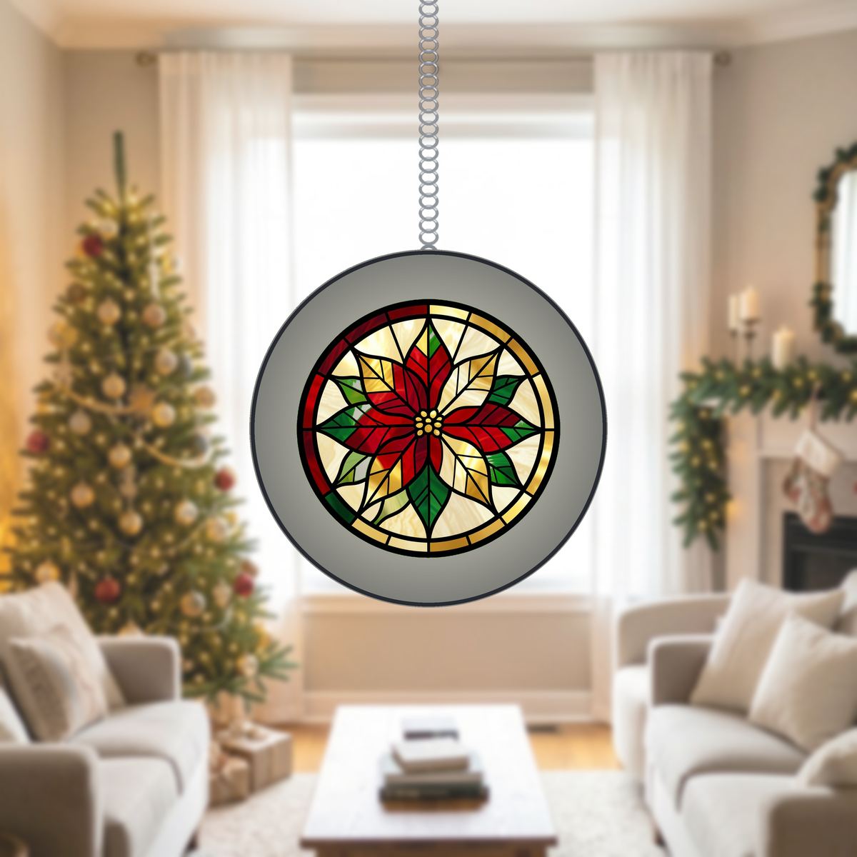 Poinsettia Wreath Circle Stained Glass Suncatcher