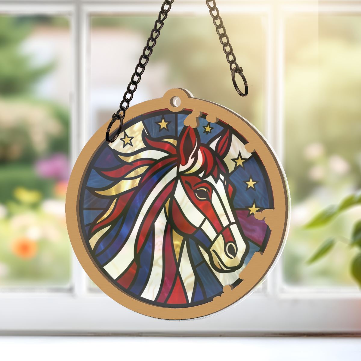 Patriotic Horse Stars Circle Window Hanging Suncatcher