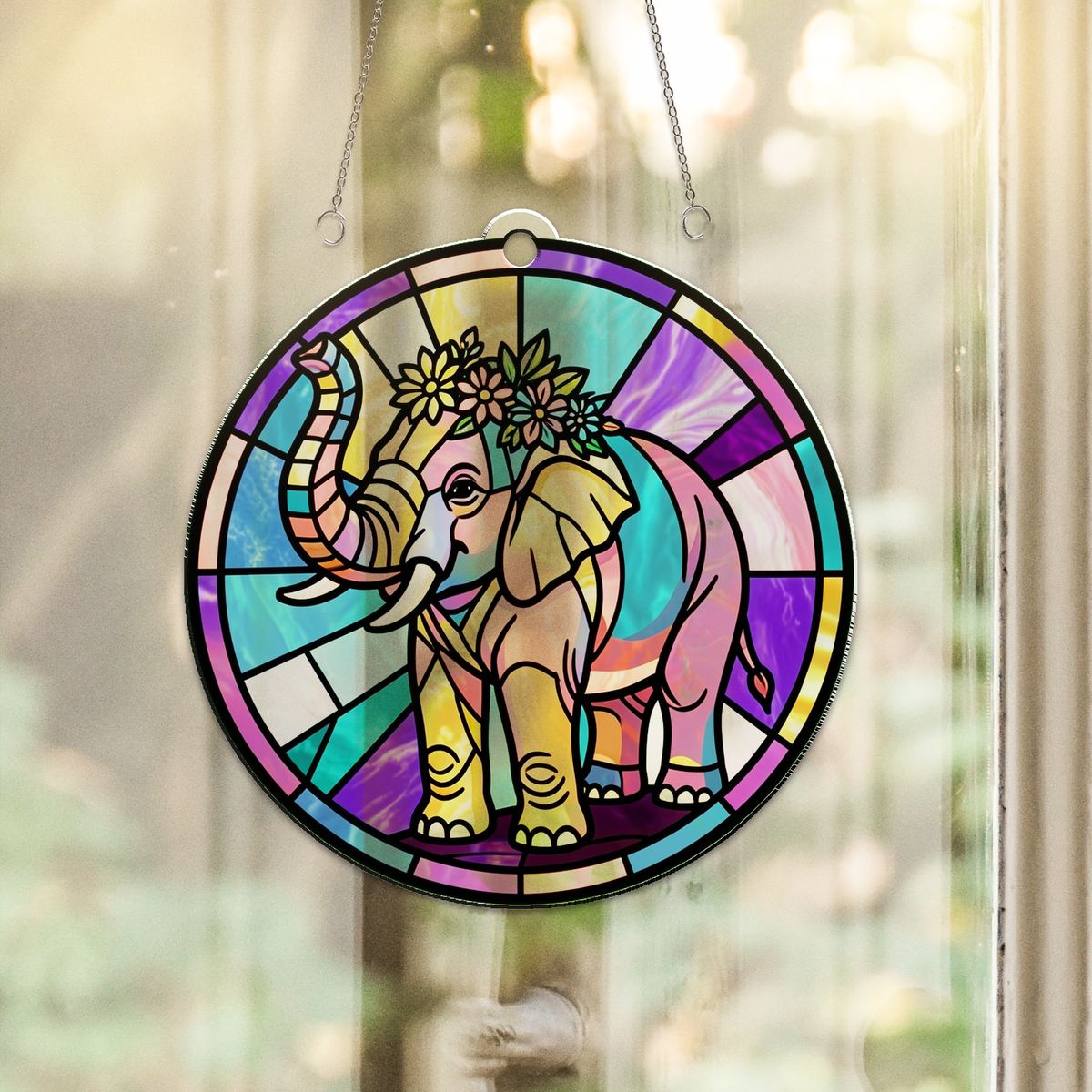 Elephant Wildflower Circle Acrylic Suncatcher