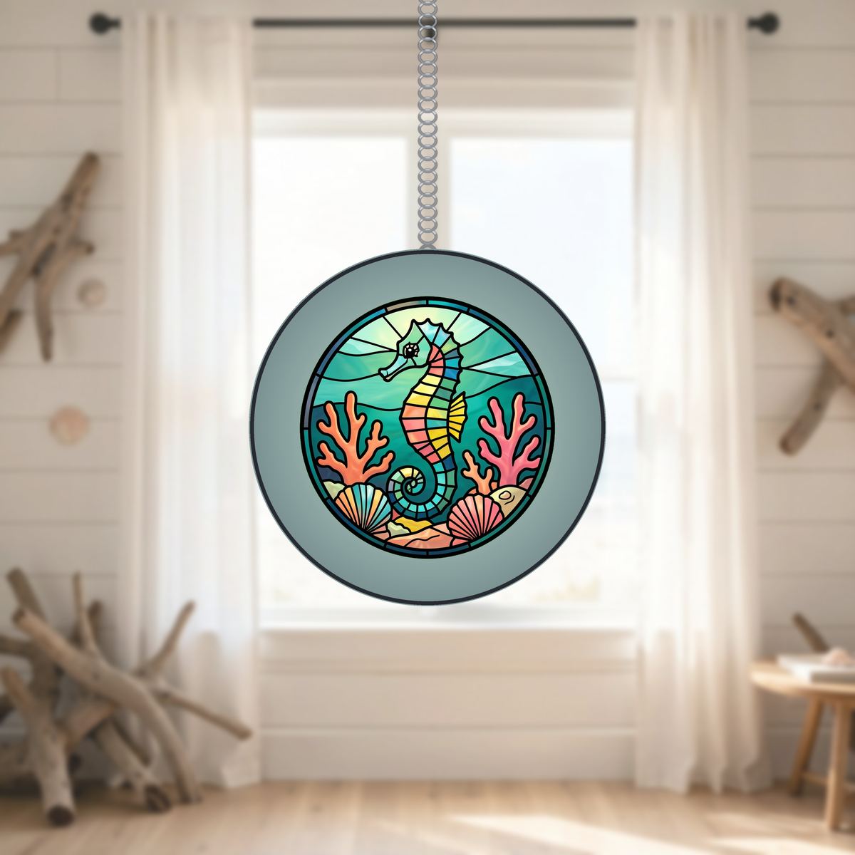 Seahorse Coral Reef Circle Stained Glass Suncatcher