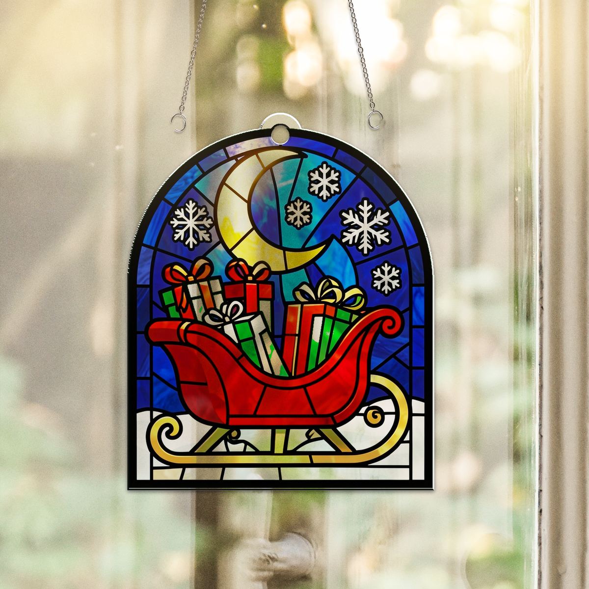 Red Sleigh Snowy Night Arch Acrylic Suncatcher