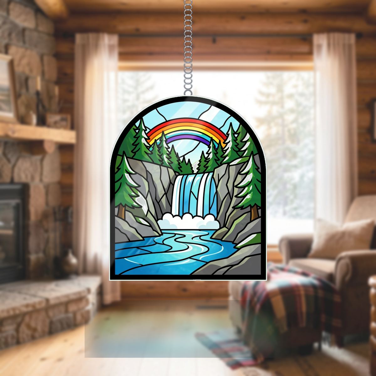 Mountain Waterfall Forest Wavy Acrylic Suncatcher Ornament