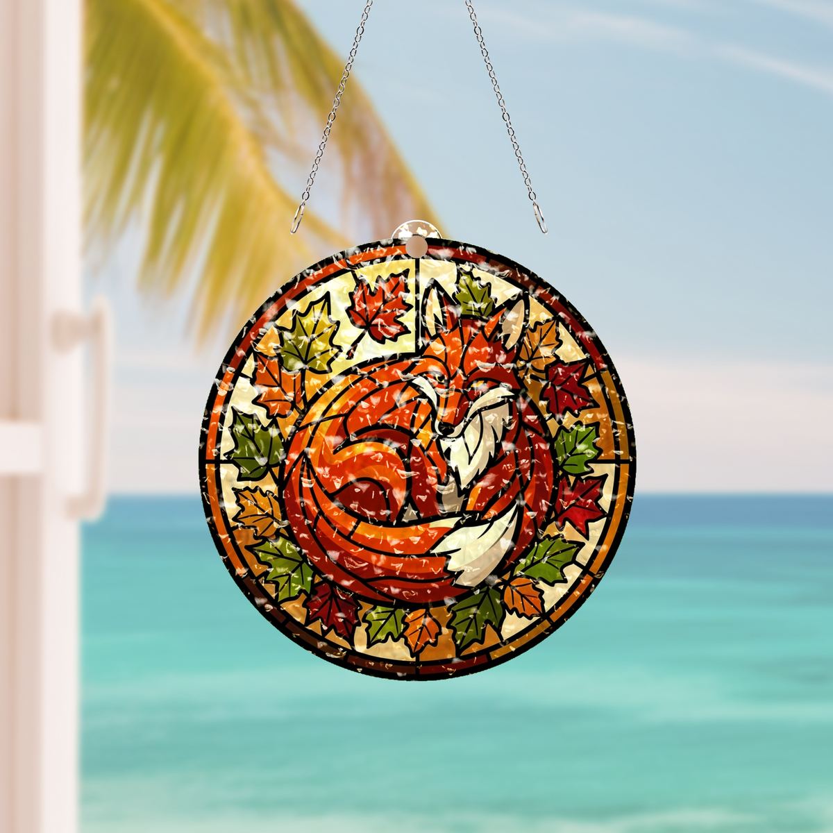 Autumn Fox Leaves Circle Water Ripple Suncatcher