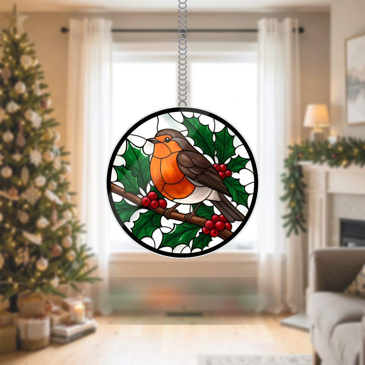 Winter Robin Berry Branch Wavy Acrylic Suncatcher Ornament