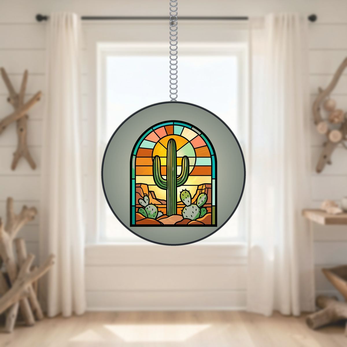 Desert Saguaro Sunset Arch Stained Glass Suncatcher