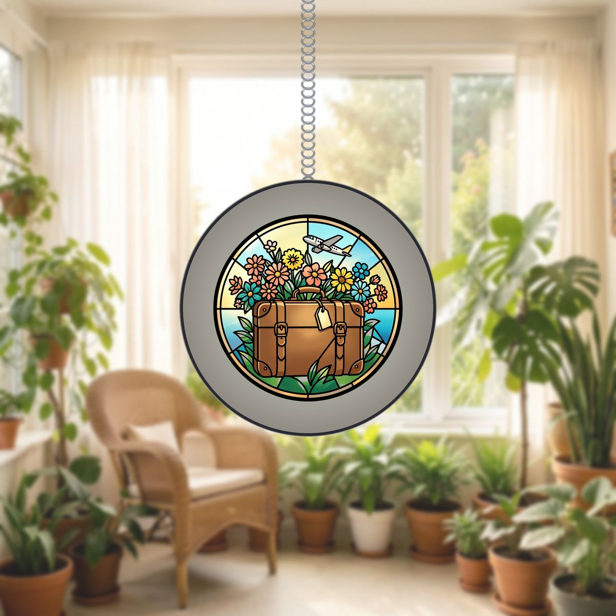 Vintage Suitcase Wildflowers Circle Stained Glass Suncatcher