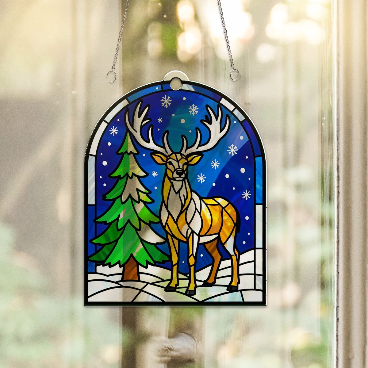 Snowy Stag Pine Arch Acrylic Suncatcher