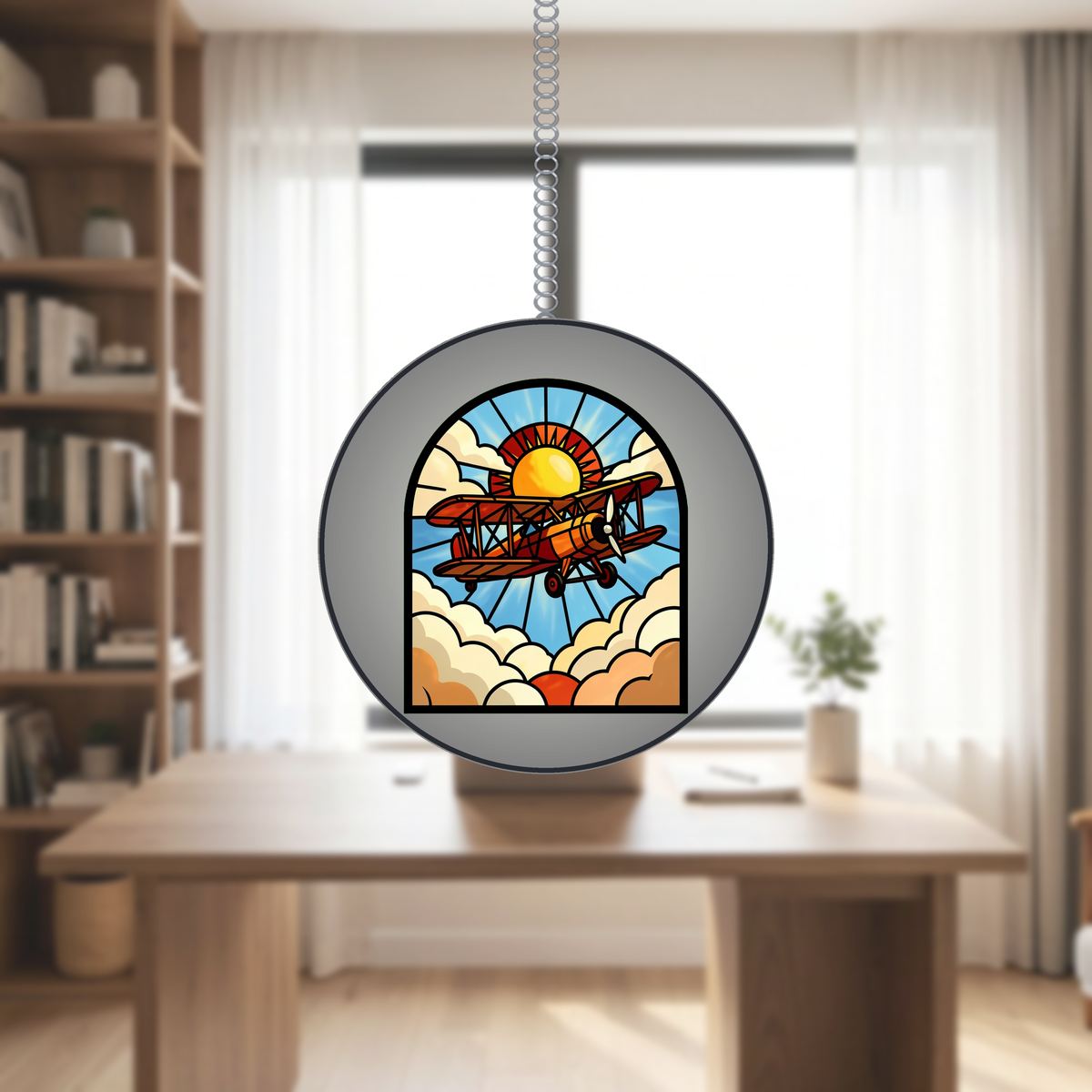 Vintage Biplane Clouds Arch Stained Glass Suncatcher