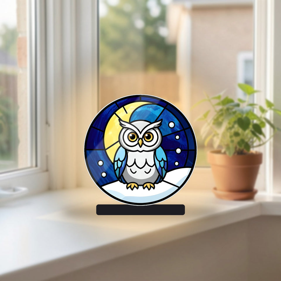 Snowy Owl Winter Moon Suncatcher Candle Holder